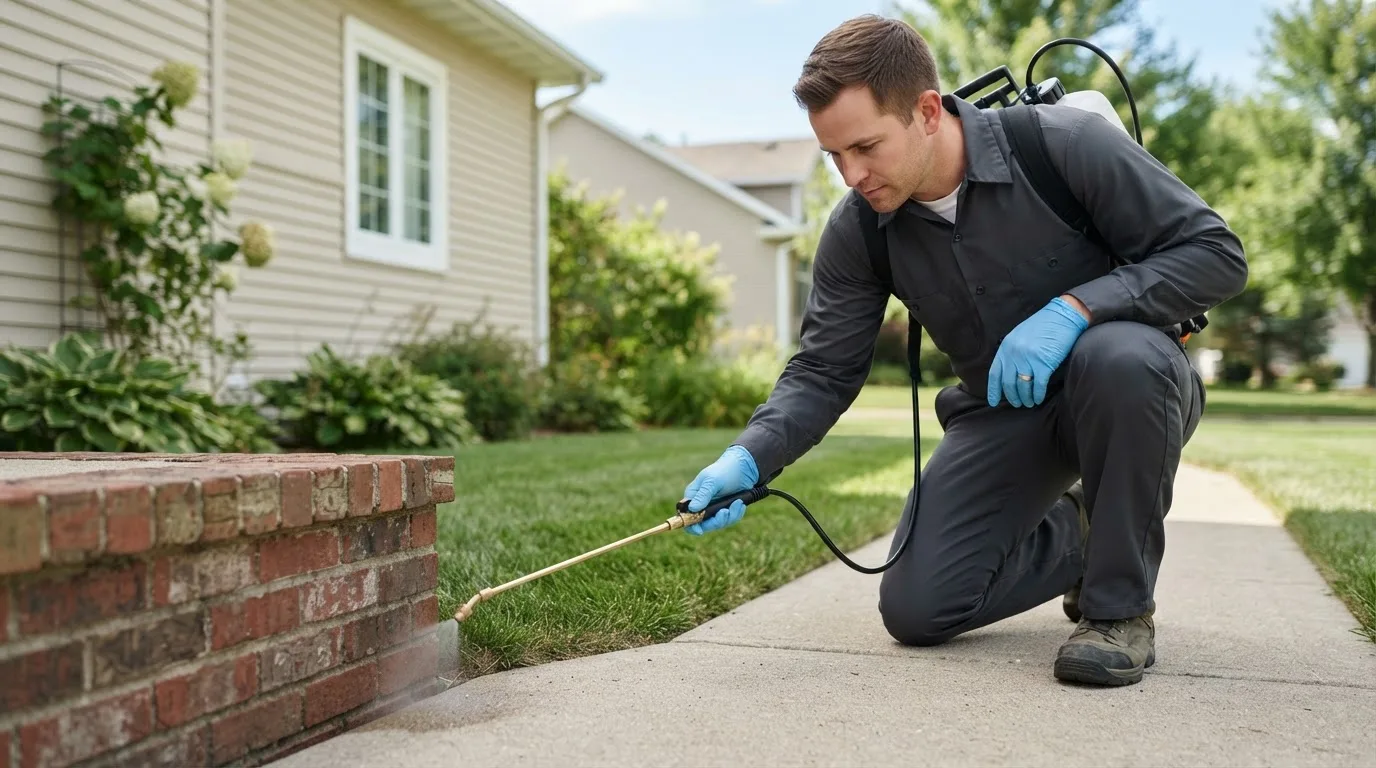 Pest control technician treating a home near Davenport, OK
