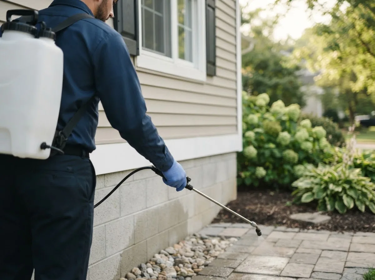 Pest control technician inspecting a home in Davenport, OK